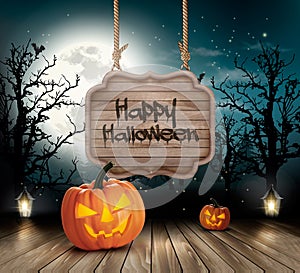 Scary Halloween background with a wooden sign.