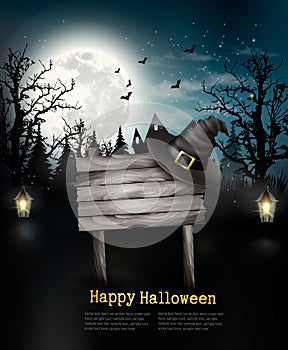 Scary Halloween background with a wooden sign.