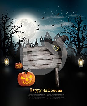 Scary Halloween background with a wooden sign.