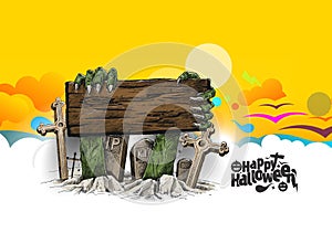 Scary Halloween background with a wooden sign isolated