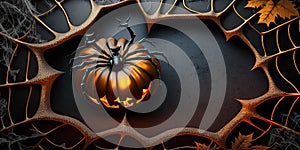 Scary Halloween banner. Spider sitting on dark pumpkin with light inside and spider web, net around on black background