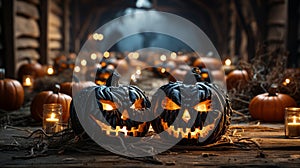 Scary Halloween carved pumpkins outside on Hallows Eve - generative AI