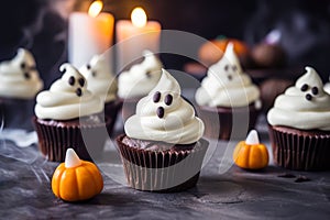 Scary Halloween cupcakes on dark background.