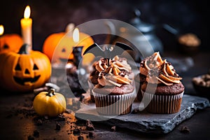 Scary Halloween cupcakes on dark background.