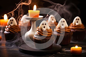 Scary Halloween cupcakes on dark background.