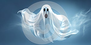 Scary Halloween ghost on dark blue background.Halloween folklore. Banner.