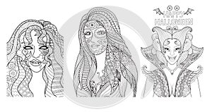 scary Halloween girls for design element and coloring book page. Hand drawn illustration zentangle-inspired style. Stock vect