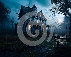 Scary halloween house concept. Spooky haunted night residental. Generative AI