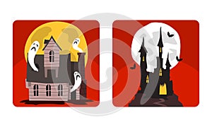 Scary Halloween House with Ghost and Bats Vector Set