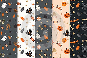 Scary Halloween pattern bundle decoration on white and dark background. Spooky Halloween pattern collection with cute pumpkins and