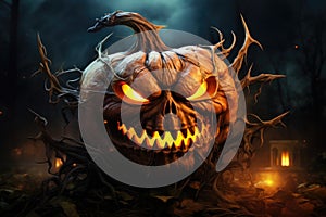 Scary halloween pumpkin with burning eyes and mouth in dark forest night, Halloween spooky pumpkin, AI Generated photo