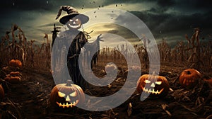 Scary Halloween pumpkin on dark field with scarecrows