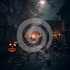 Scary halloween pumpkin head jack o lantern in foggy cemetery at night