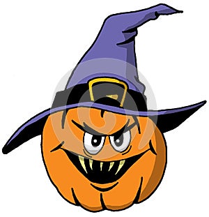 Scary Halloween Pumpkin with a Witches Hat