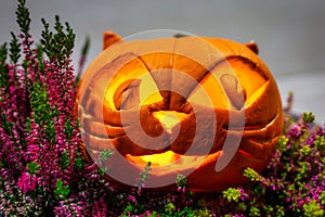 Scary Halloween pumpkins as decoration in the heathers pot