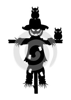 Scary halloween scarecrows with owl silhouette vector illustration