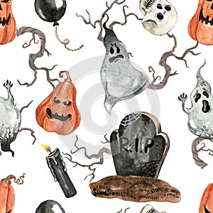 Scary Halloween seamless pattern with Jack O lantern pumpkins, ghost, graveyard on white background. Holiday watercolor print