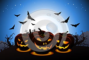 Scary halloween wallpaper with carved pumpkins and scary bats