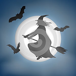 Scary haloween vector with a witch flying in front of a full moon.