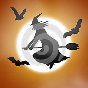 Scary haloween vector with a witch flying in front of a full moon.
