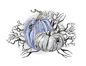 Scary hand painted illustration for Halloween cards design. Jack O lantern pumpkins and dead tree branches decor