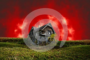 Scary Haunted Halloween House With Evil Red Sky