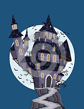 Scary haunted house with full moon.