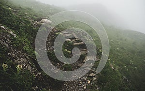 Scary hiking path on steep mountain. hiking path sign on a stone in the grass, brienzer rothorn switzerland