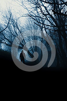 A scary, hooded figure standing in an eerie, spooky forest. On a misty winters days photo