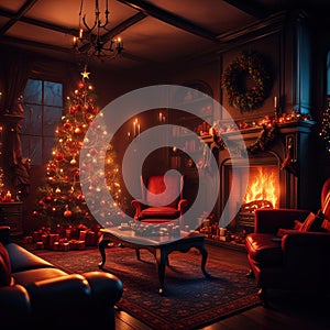 Scary horror dark interior of sinister living room with fireplace decorated Christmas tree