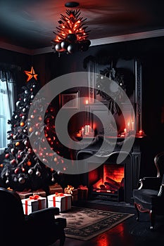 Scary horror dark interior of sinister living room with fireplace decorated Christmas tree