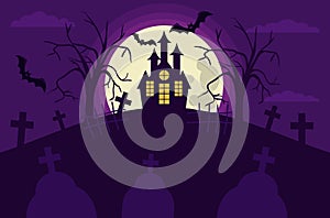 a scary house on a hill against the backdrop of a full moon and bats trees fences and graves