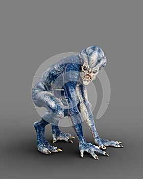 Scary humanoid alien creature with blue grey skin and sharp teeth crouching on all fours. 3D rendering isolated on grey background