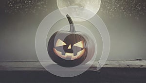 Scary jack-o-lantern, disturbing forest in the background, fog, wooden porch, night, full moon, dark halloween background, pumpkin