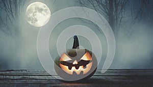 Scary jack-o-lantern, disturbing forest in the background, fog, wooden porch, night, full moon, dark halloween background, pumpkin