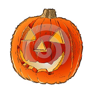 Scary Jack O Lantern halloween pumpkin with candle light inside isolated on a white background. Line art. Retro design.