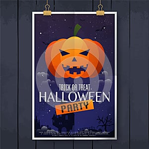 Scary Jack O Lantern halloween pumpkin on night background poster. Happy Halloween. Vector illustration.