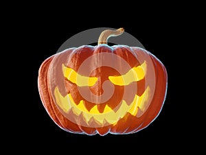 Scary Jack o lantern Halloween pumpkin. Pumpkin with candle light inside isolated on black background. 3d render illustration
