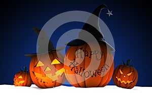 Scary Jack O Lantern halloween pumpkins wearing black witch hat