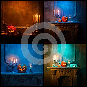 Scary laughing pumpkin and old skull on ancient gothic fireplace. Halloween, witchcraft and magic concept. Set collage.