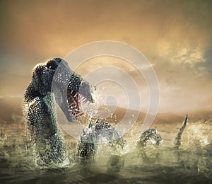 Scary Loch Ness Monster emerging from water photo