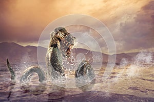 Scary Loch Ness Monster emerging from water