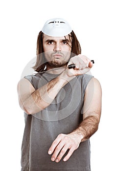 Scary man assaulting with knife photo