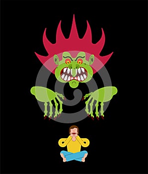 Scary man scaring guy. Nightmare monster with long claws. Vector