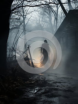 a scary man walking through a foggy forest with a house in the background