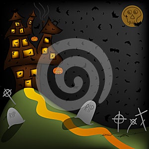 Scary night halloween background with haunted house on the hill, cementary, bats and fool moon