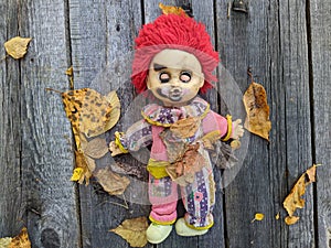 scary and old battered clown doll with burnt face and red hair on the background of old wooden board with autumn leaves