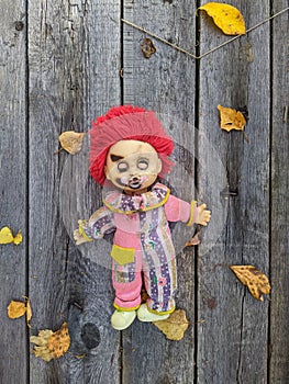 scary and old battered clown doll with burnt face and red hair on the background of old wooden board with autumn leaves