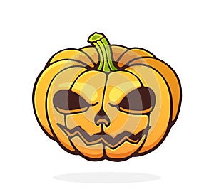 Scary pumpkin with toothy smile. Halloween Jack lantern. Vector illustration. Hand drawn cartoon clip art with outline