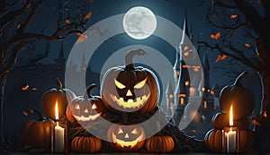 Scary pumpkins and candles in the graveyard of a castle, Halloween background, AI generated.